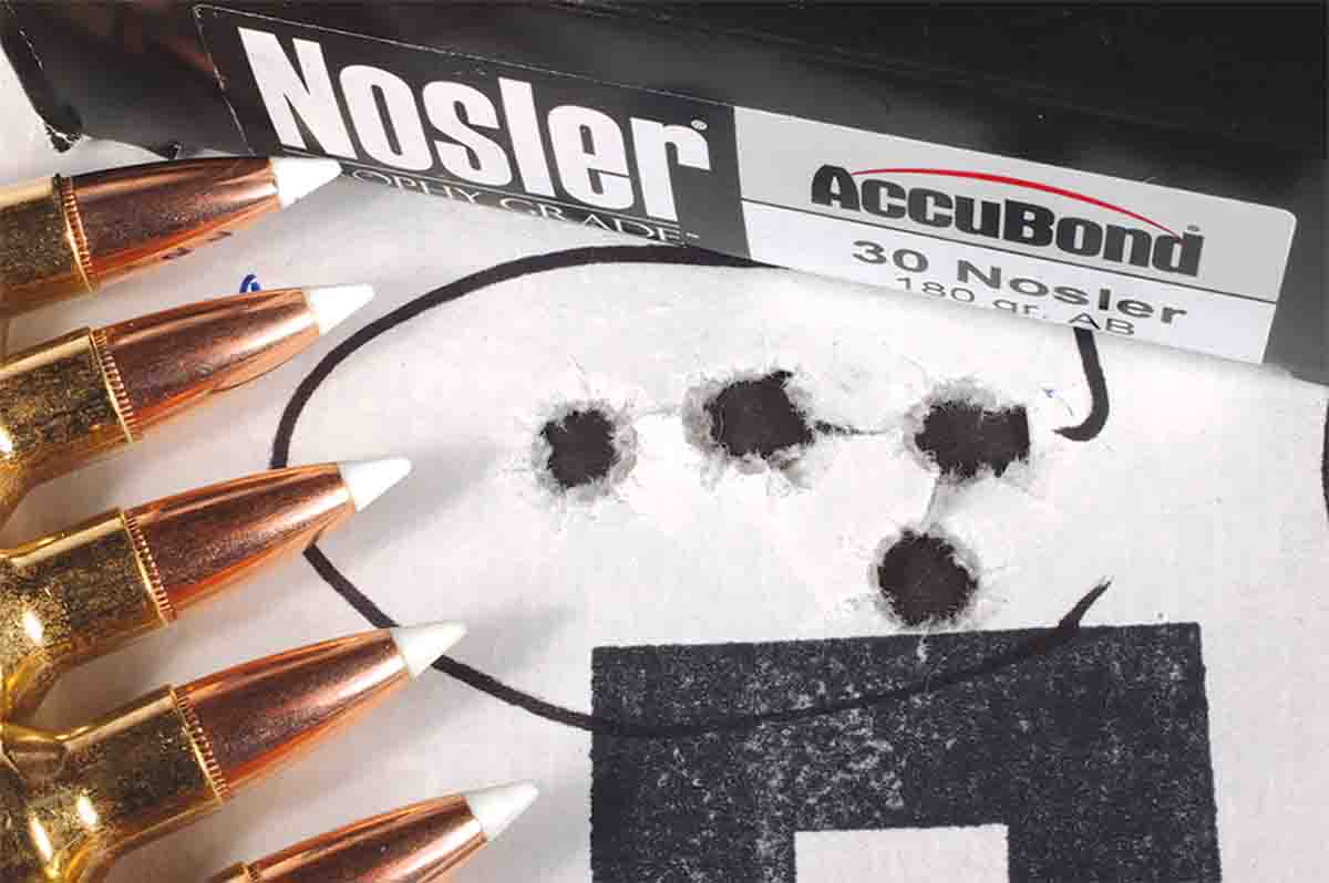 Trophy Grade .30 Nosler cartridges loaded with 180-grain AccuBond bullets shot this five-shot group at 100 yards.